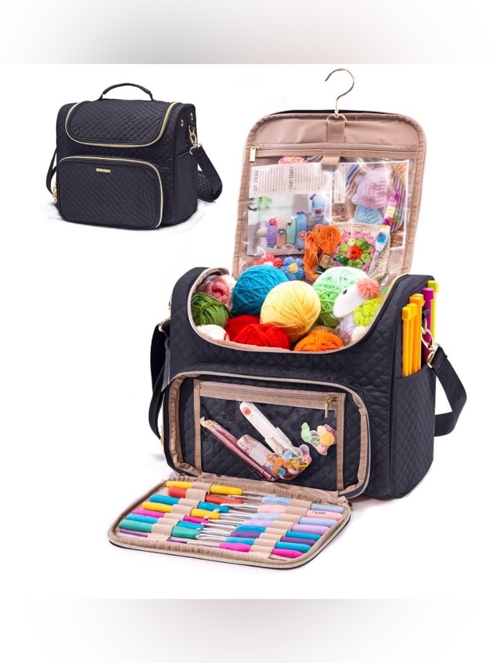 MYBAGZING Quilted Crochet Bag Organizer Yarn Storage Tote Hanging Hook Black NWT